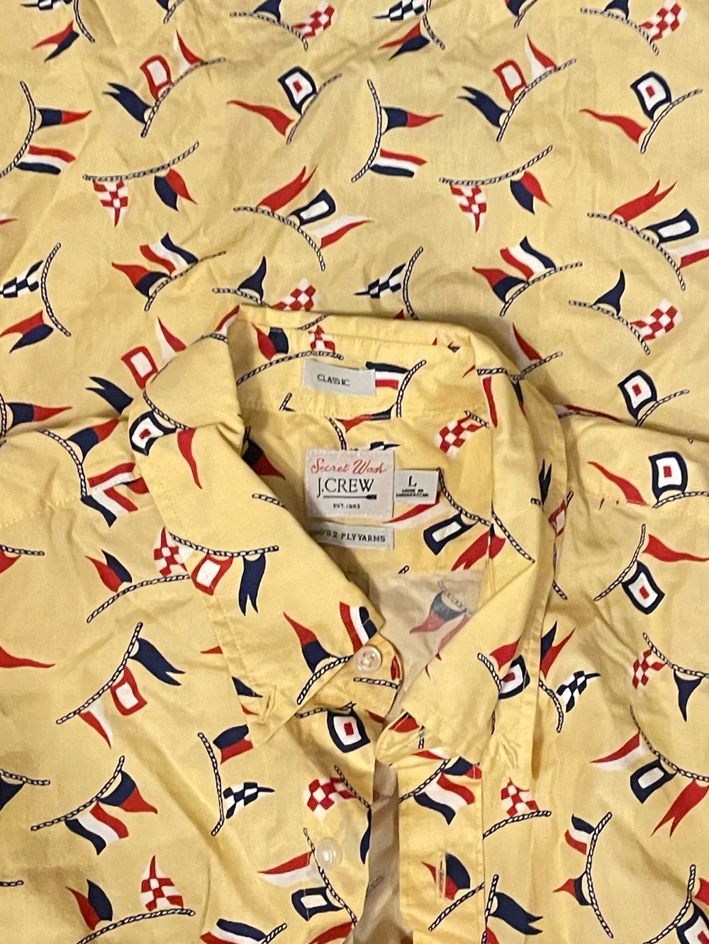J CREW MEN SECRET WASH BUTTON DOWN Flag SHIP Short Sleeve Shirt YACHT CLUB ROPE